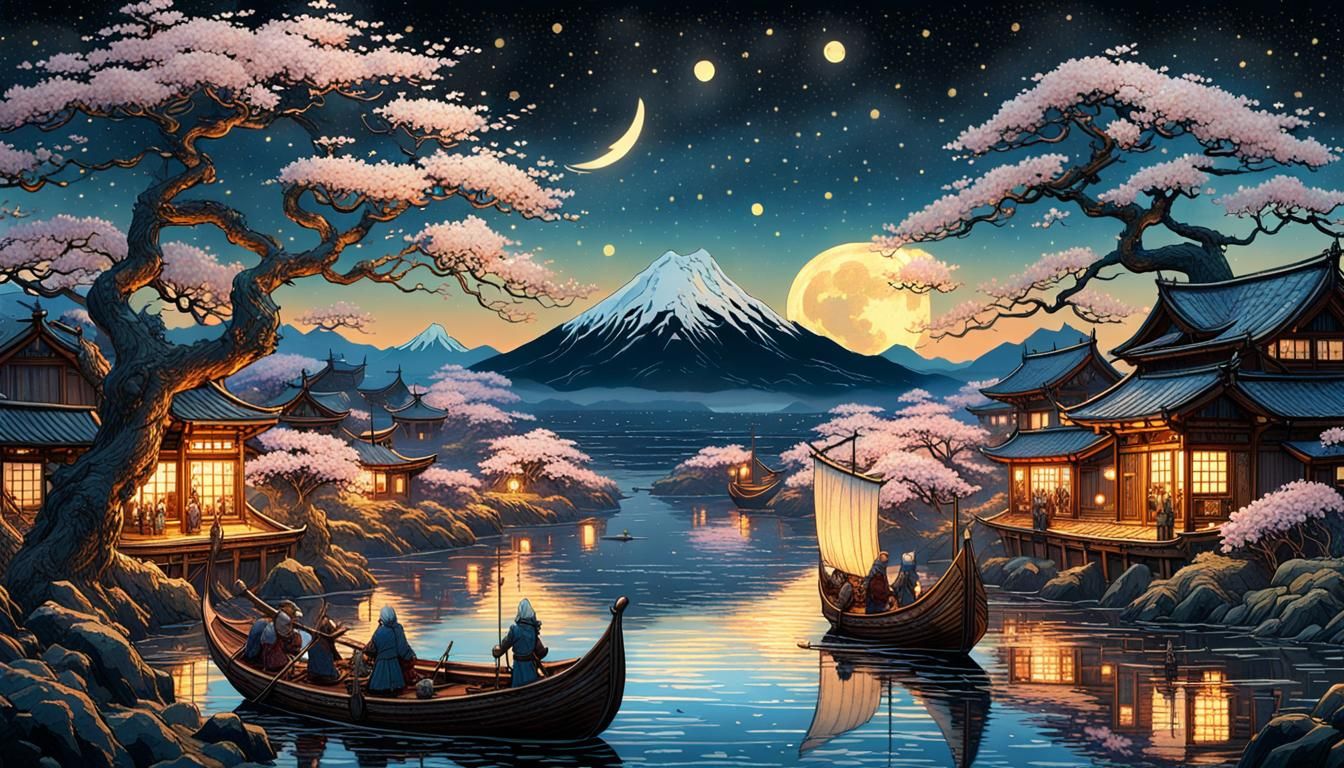 Viking Ships in Starry Japanese Blossom Landscape