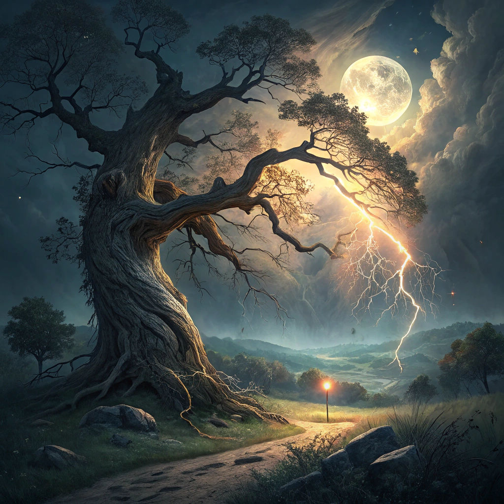 Old Tree Struck by Lightning in Moonlight