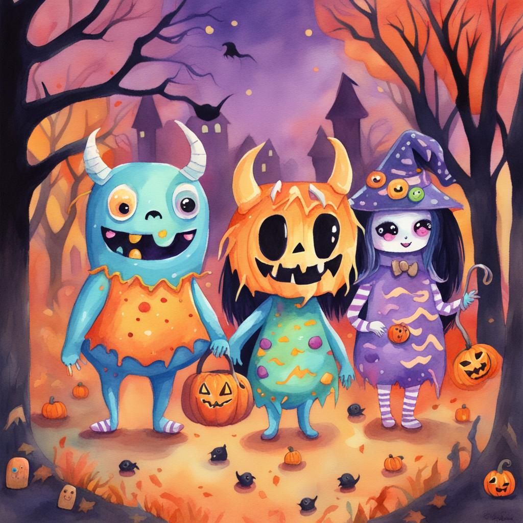 Kawaii Monsters Trick-or-Treating in Gouache Style