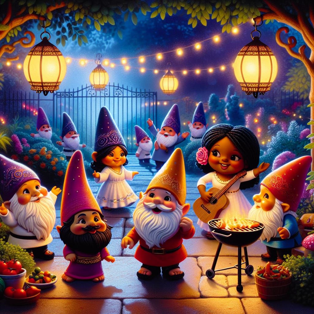Gnomes Garden Party with Lanterns, Storybook Illustration