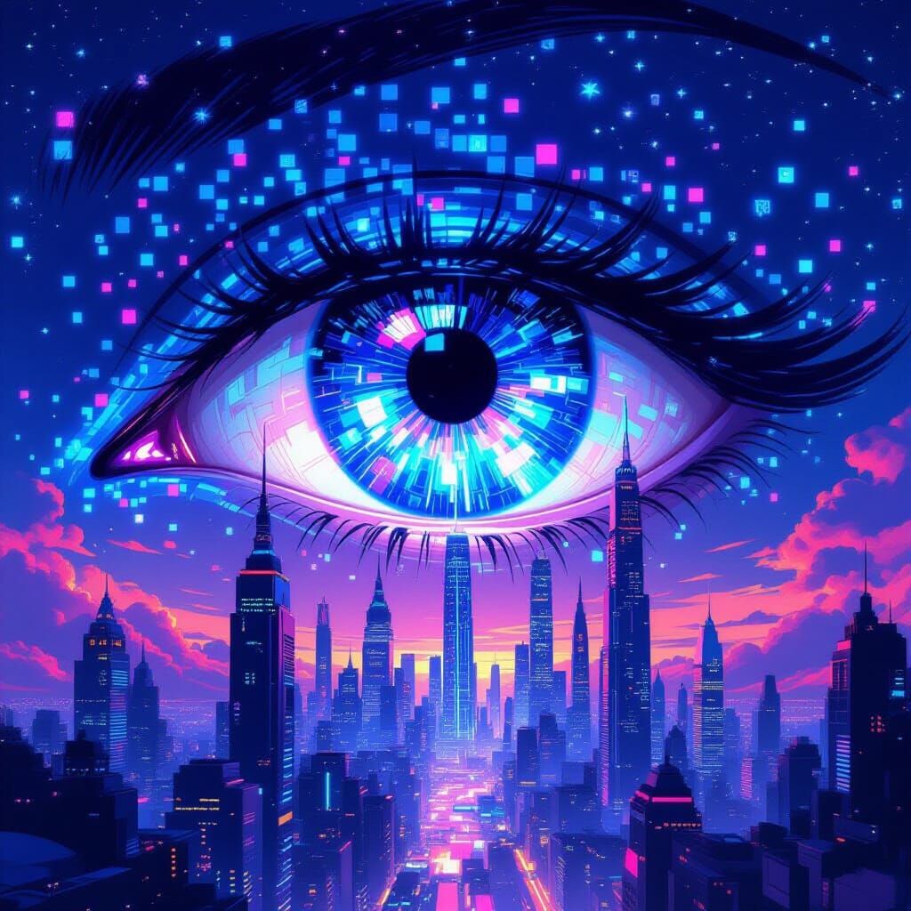 Giant Pixel Eye Watches Over Neon Metropolis