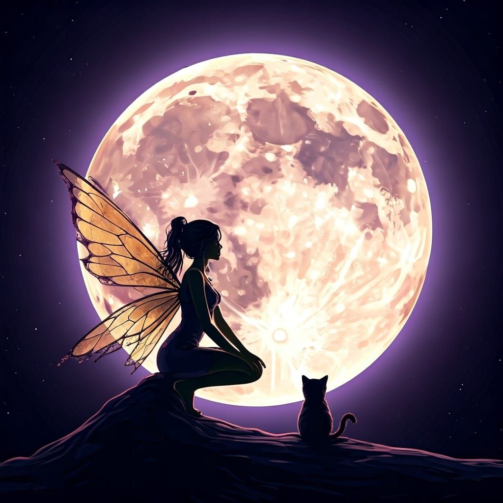 Fairy and Cat Backlit by a Colorful Moon