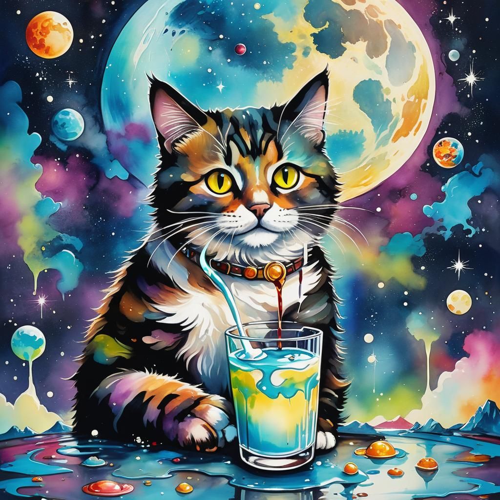 Cat Sharing Milk, Planets and Moon, Vivid Alcohol Ink