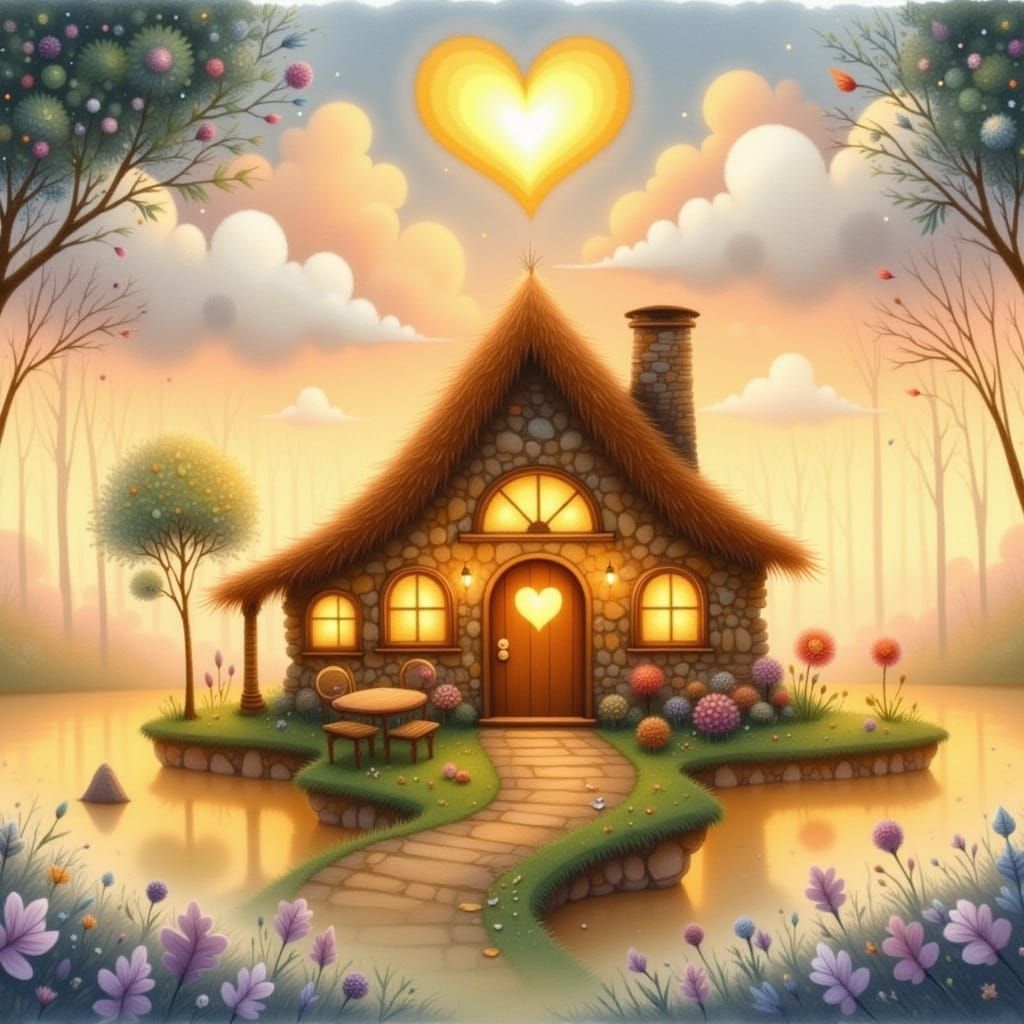 Dreamlike Cottage in Twilight, Watercolor Style