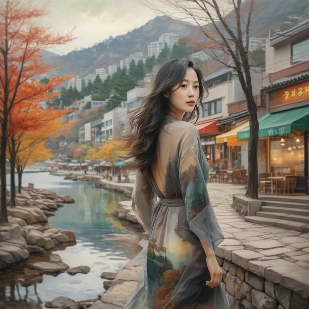 Double Exposure Oil Painting: Korean Woman in Windswept Scen...