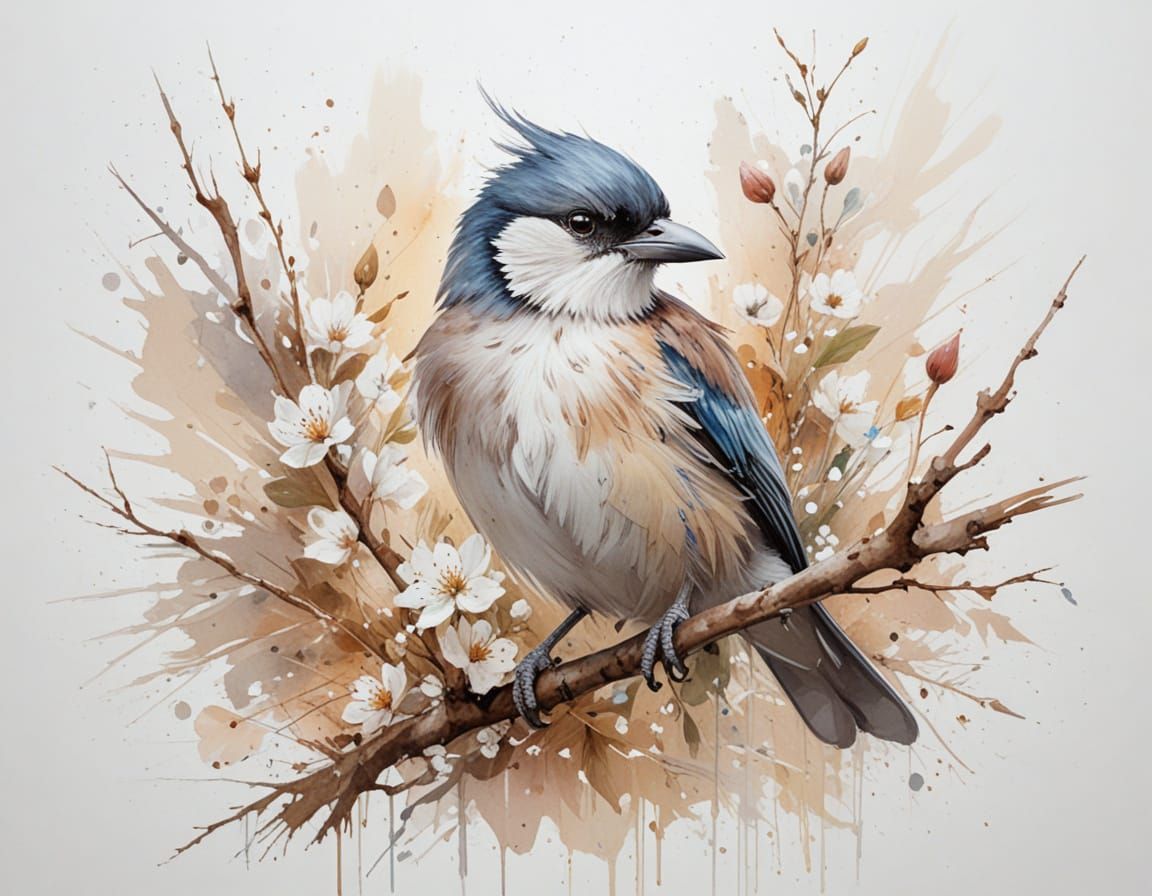 Elegant Bird on Branch with White Flowers, Painterly Realism