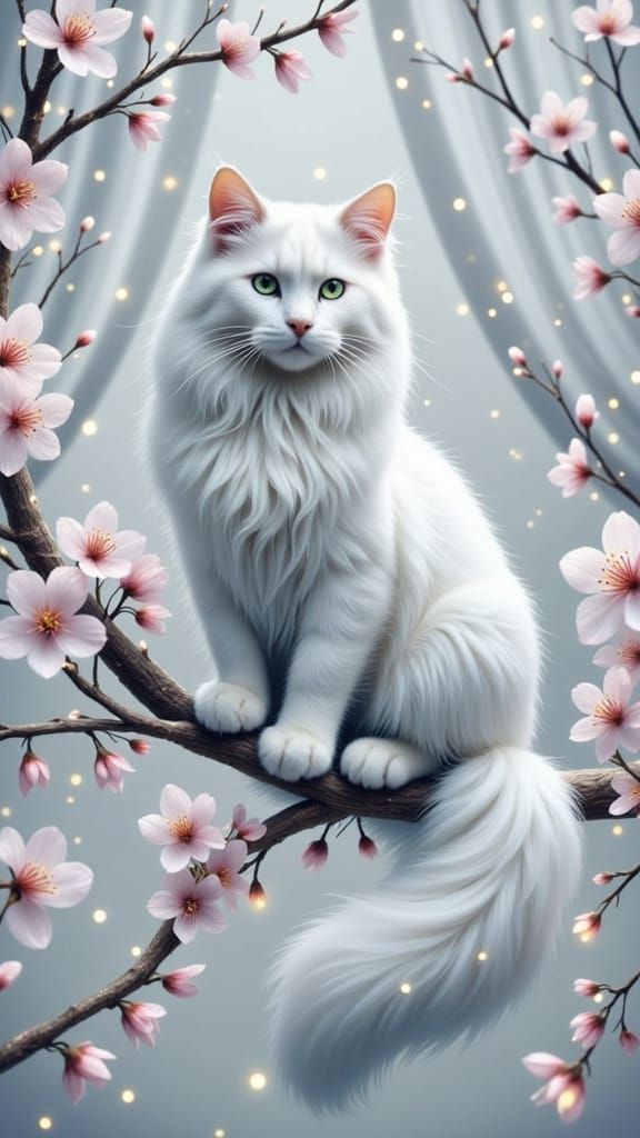 Elegant White Cat on Cherry Blossom Branch