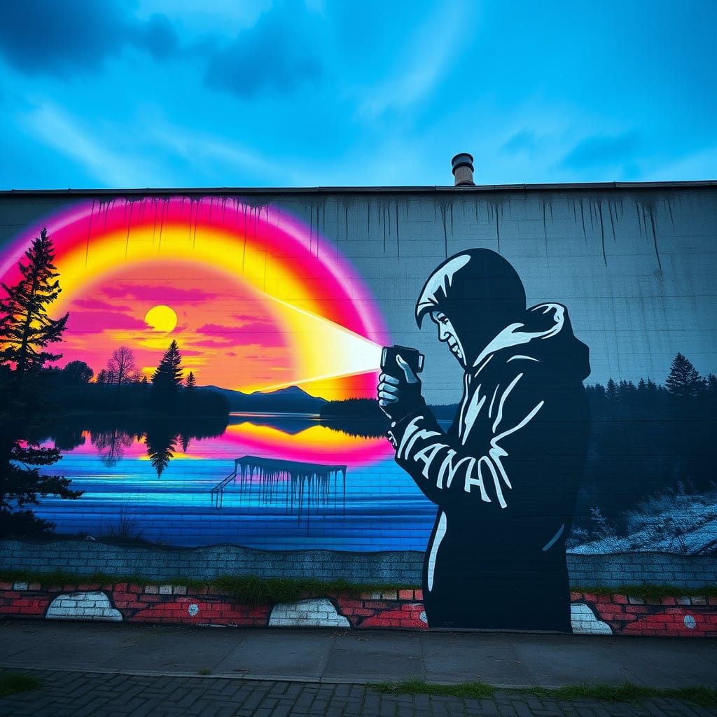 Moody Graffiti Scene with Colorful Rainbow Landscape