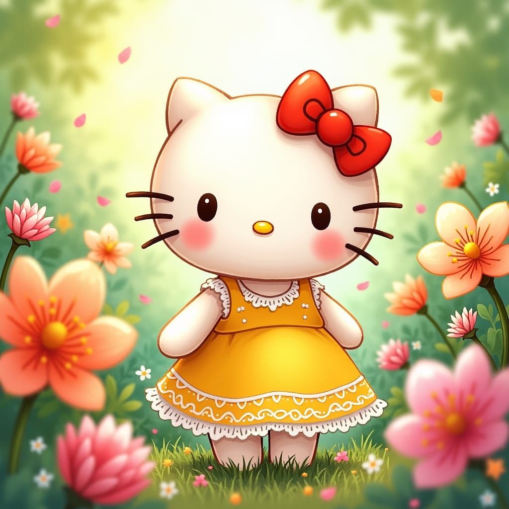 Hello Kitty in a Sunny Garden: Japanese Watercolor Style