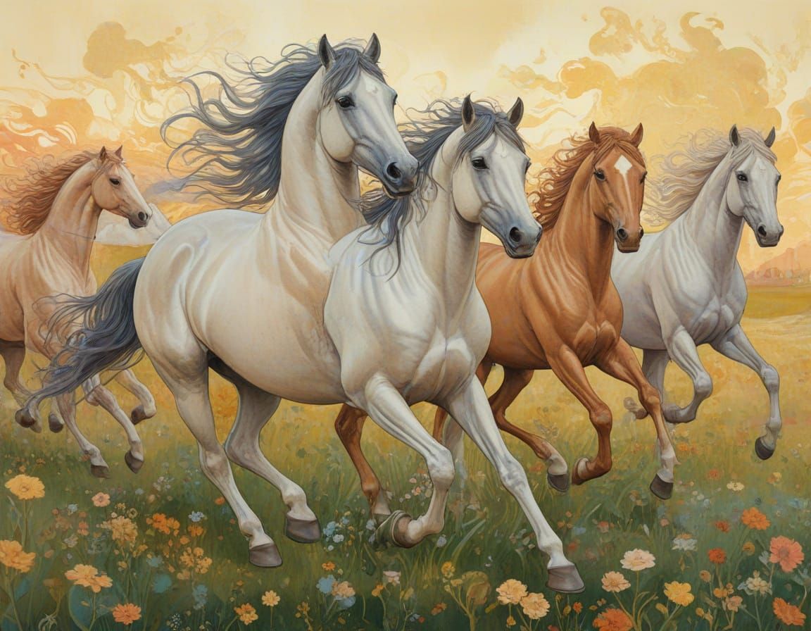 Ethereal Horses in a Golden Meadow