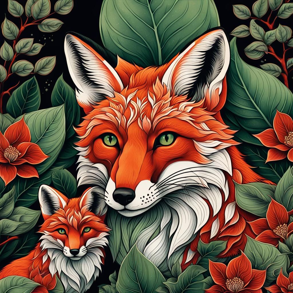 Fox and Cubs in Ukiyo-e Style with Floral Elements
