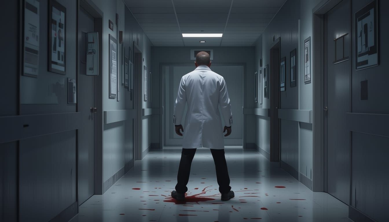 Horrifying Doctor with Bleeding Wounds in Clinic Corridor