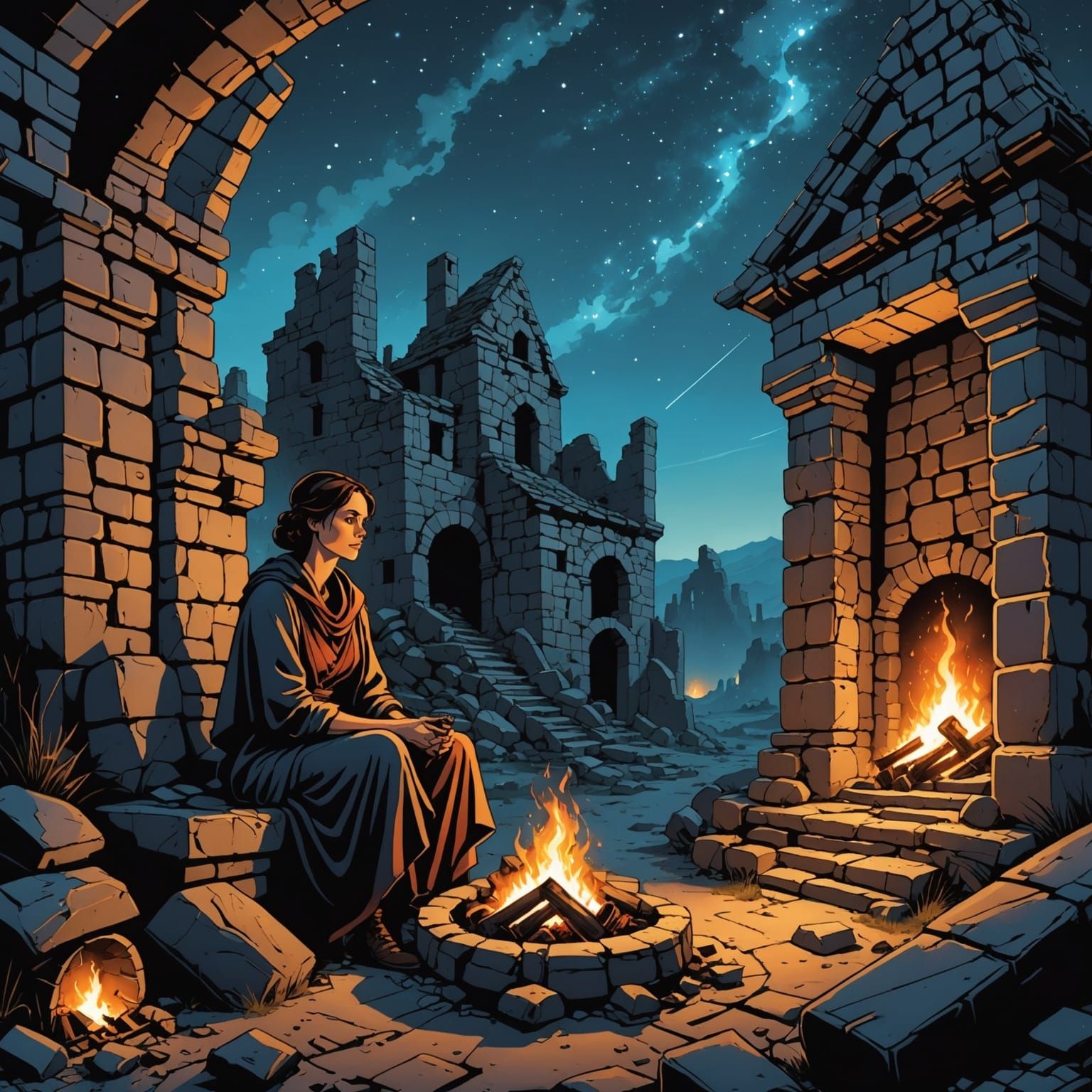Traveller Resting in Ancient Ruins: Comic Book Art