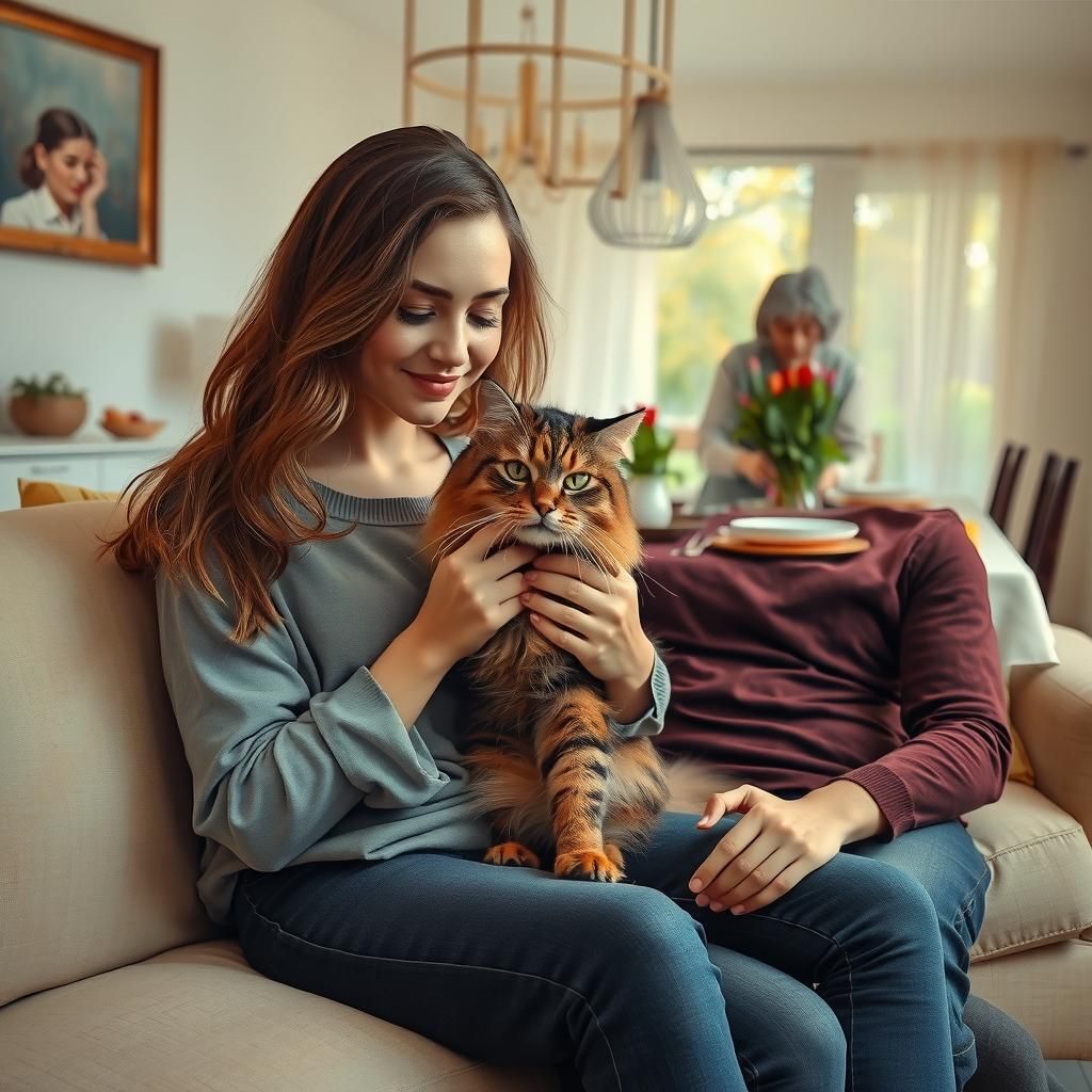 Happy Woman with Cat in Surreal Oil Painting