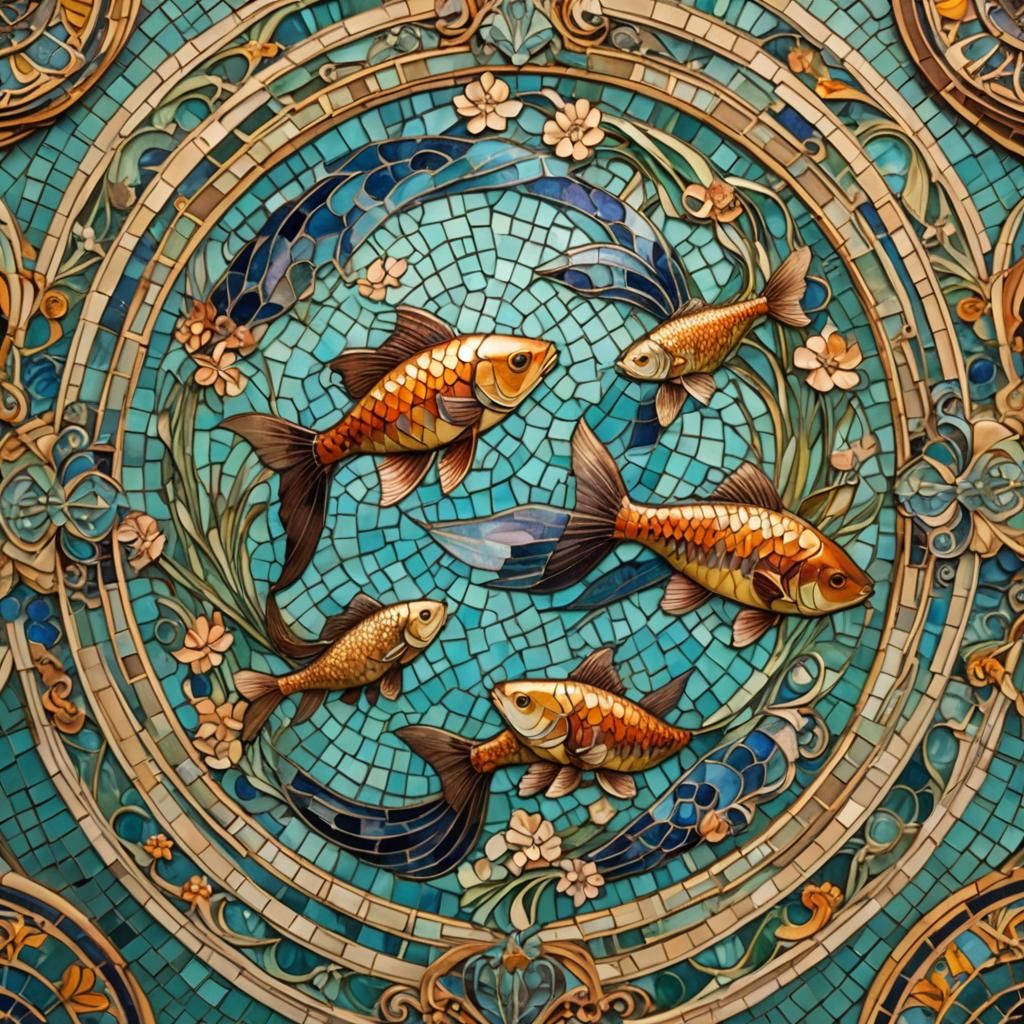 Art Nouveau Mosaic of Colorful Fish in Circular Pattern