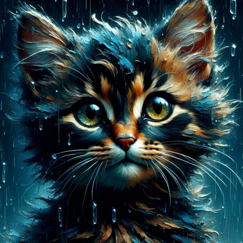 Kitten Close-Up in Rain: Comic Book Art