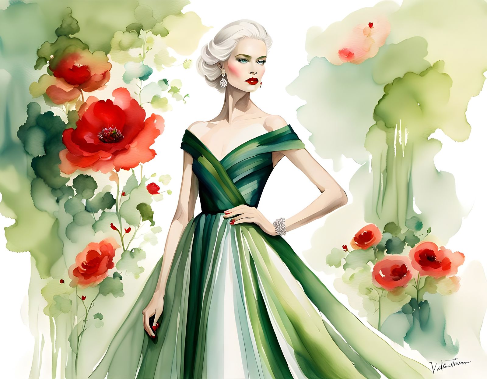 Watercolor Portrait: Woman in Valentino Gown