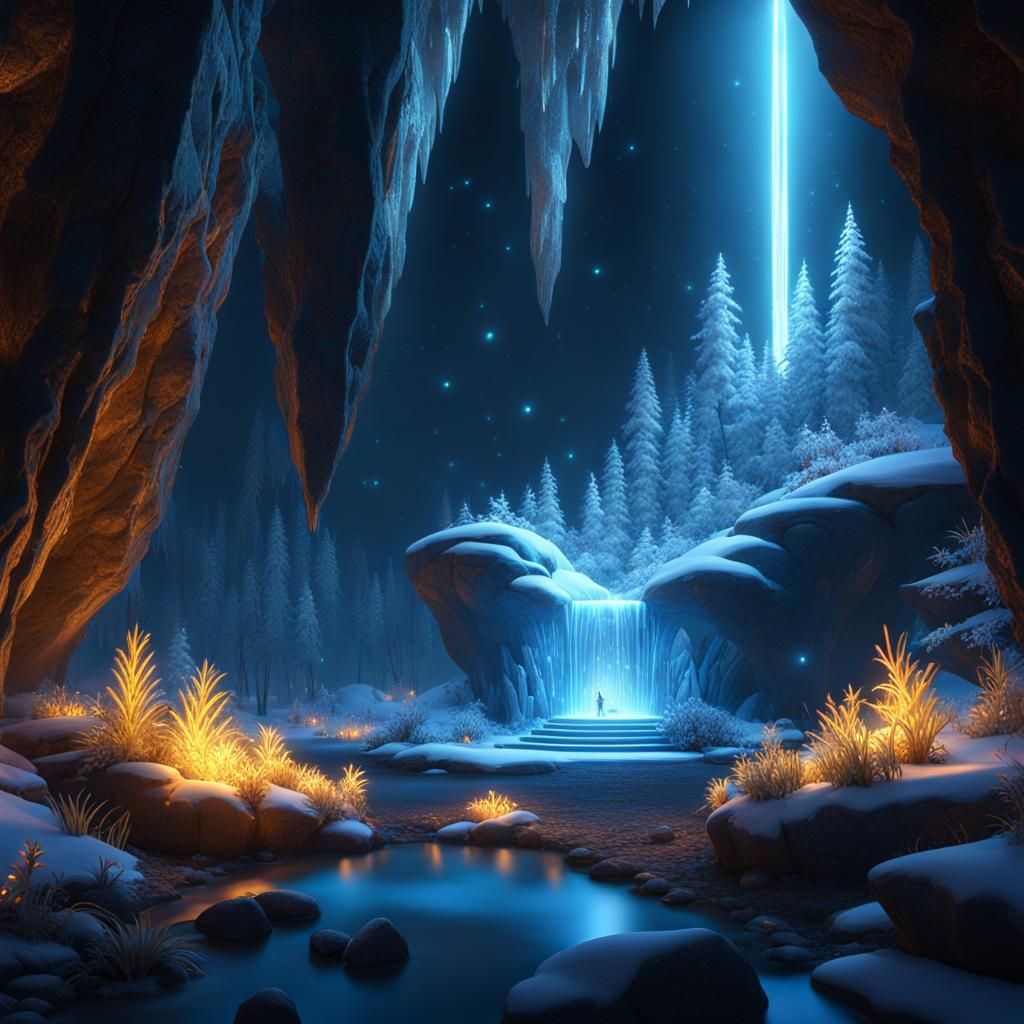 Glowing Crystal Cave with Animal Statues