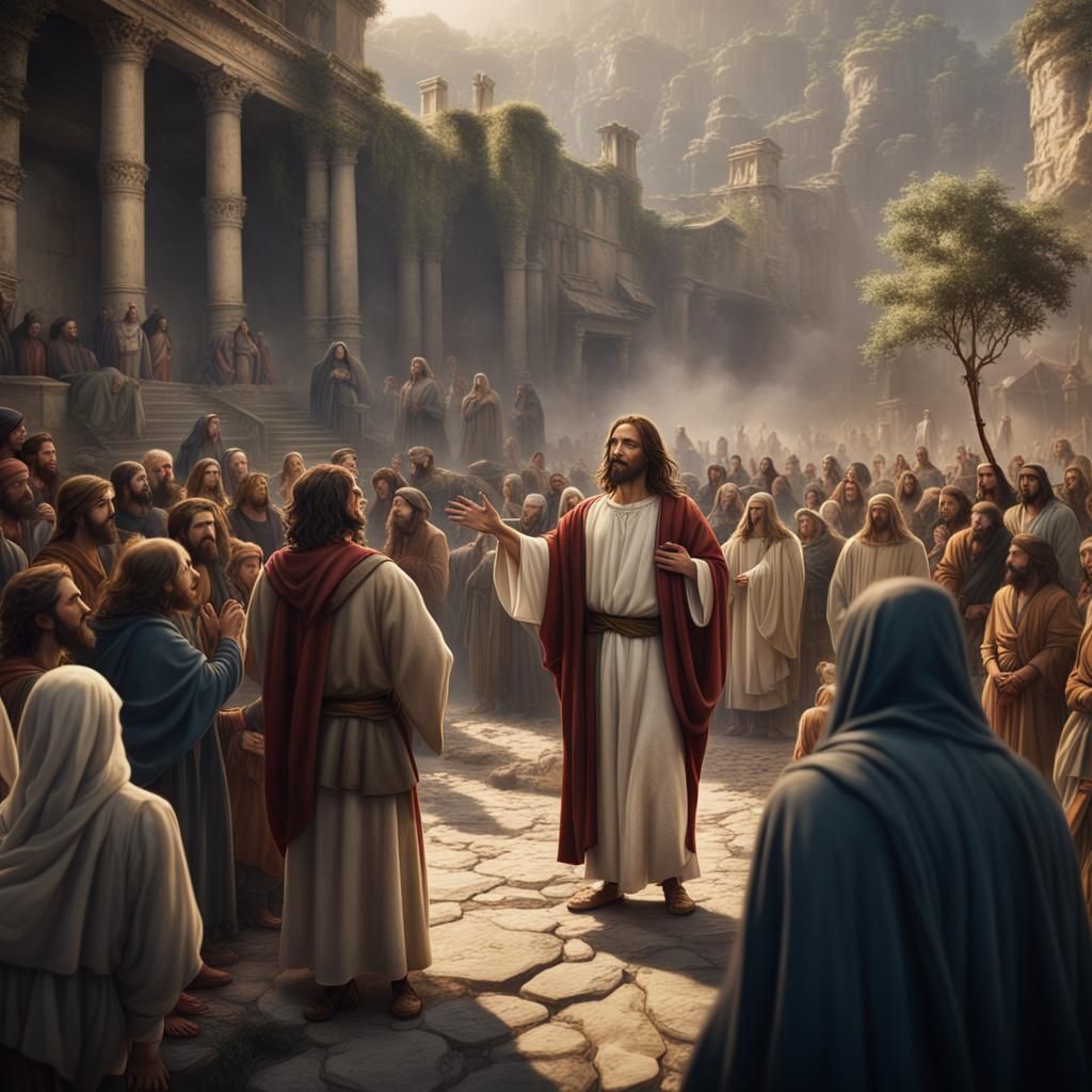 Jesus Preaching to Crowd: Detailed Matte Painting