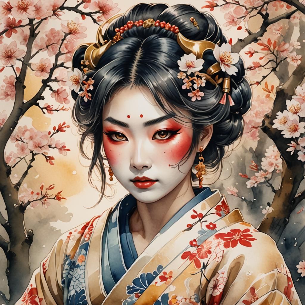 Japanese Model with Oni Mask in Ukiyo-e Style