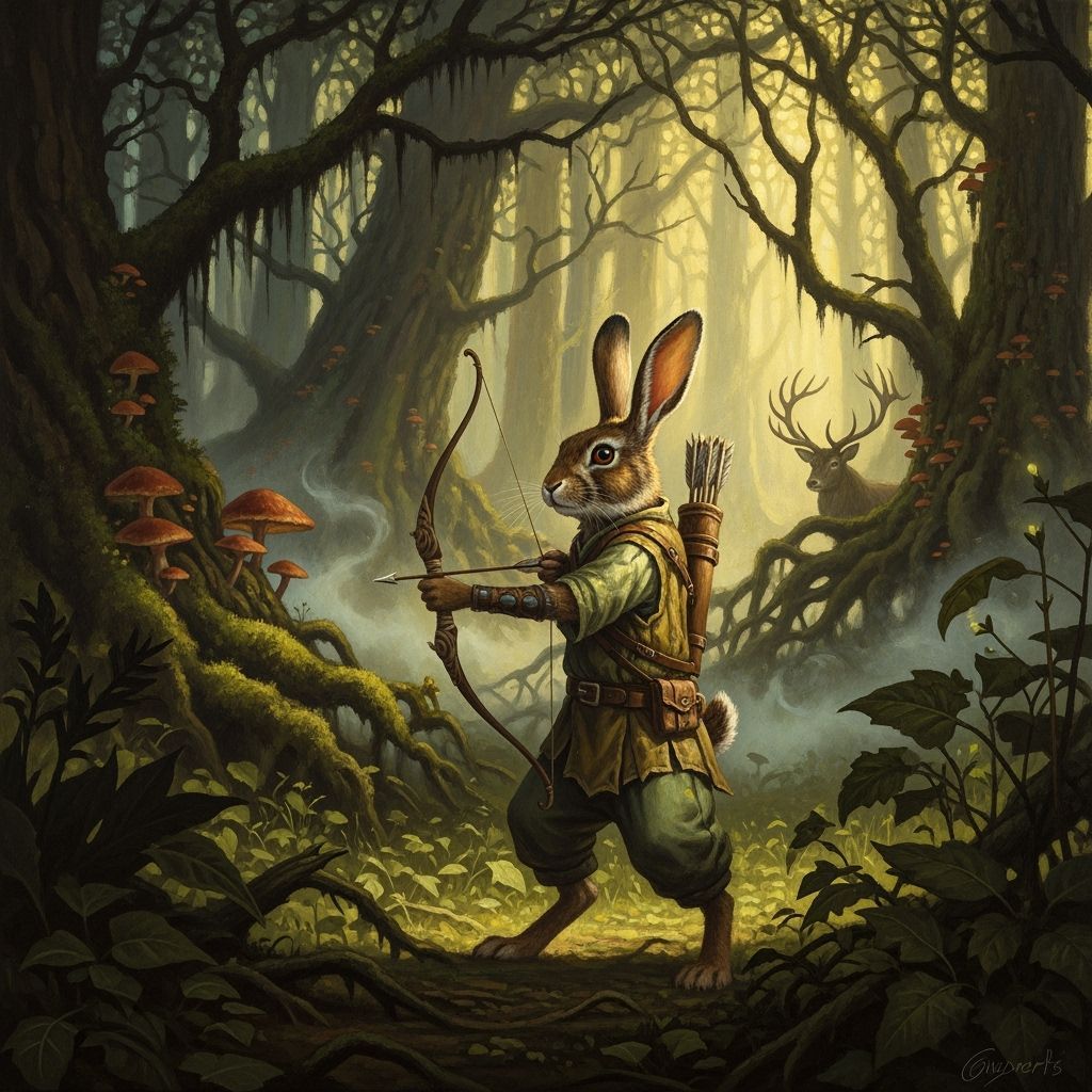 Rabbit Archer in Mystical Forest as Oil Painting