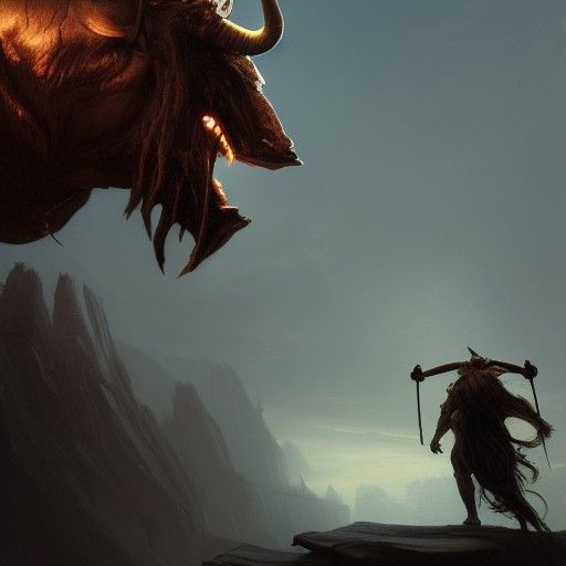 Minotaur and Human in Dark Fantasy Concept Art