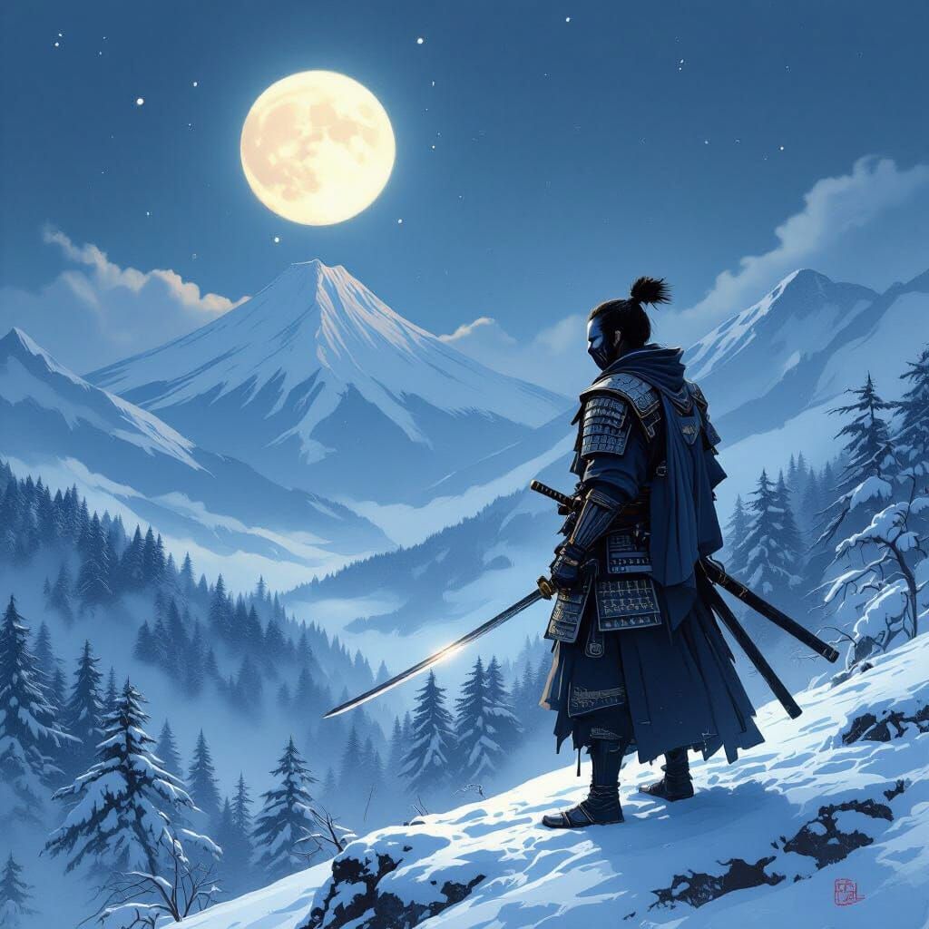 Samurai on Snowy Mountain in Ethereal Digital Painting