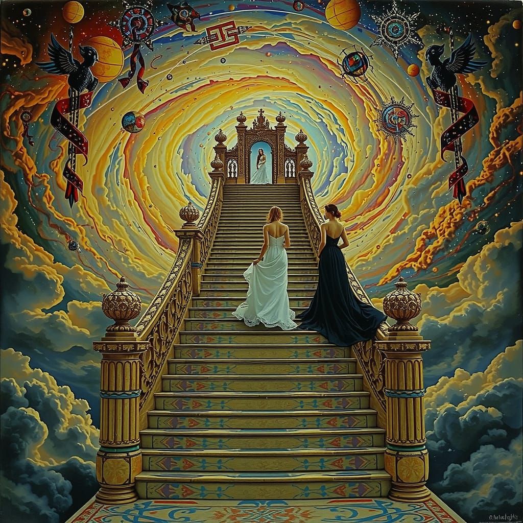Elegant Women Ascend Grand Staircase to Celestial Sky