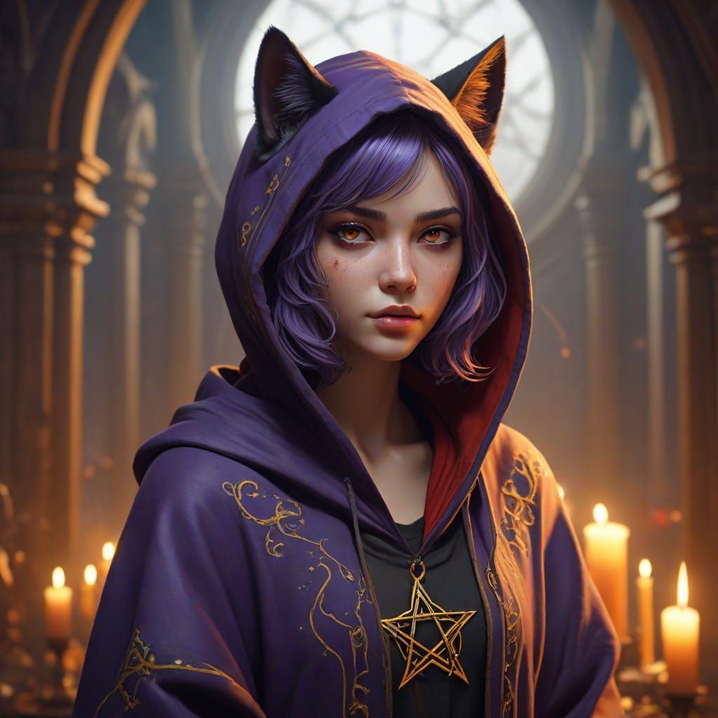 Dark Sorcerer in Haunting Atmosphere with Candles and Pentag...