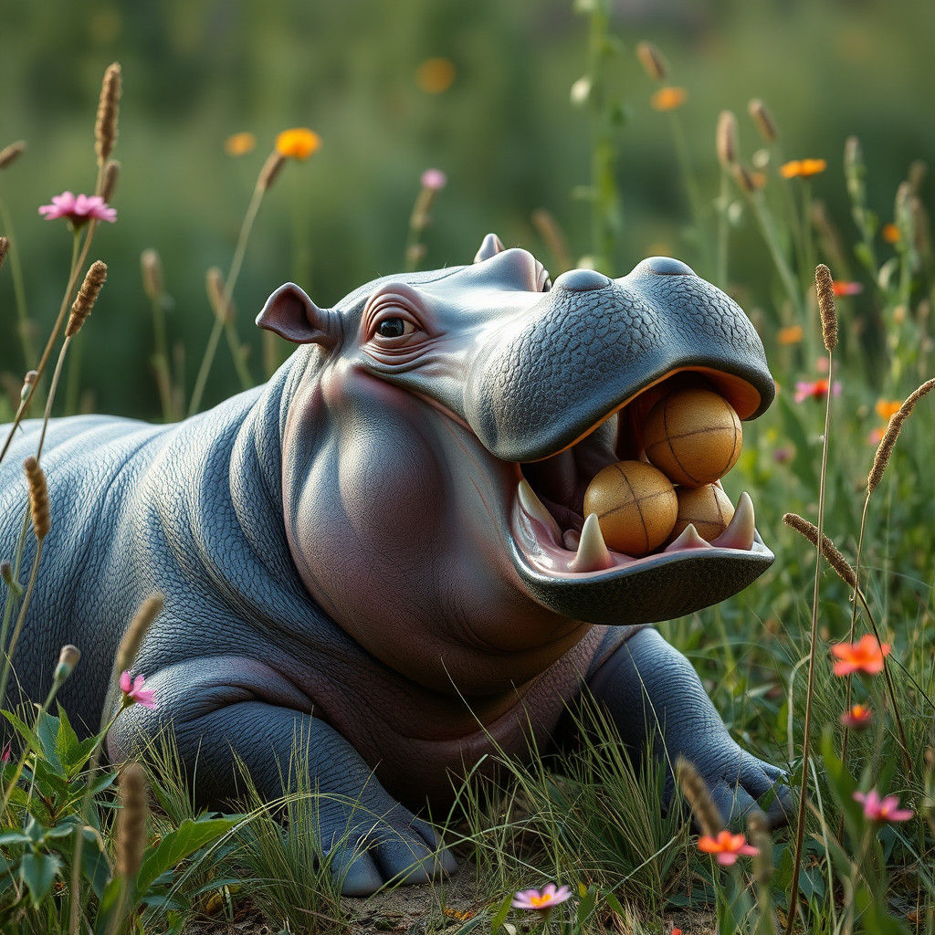 Hippo Playing Marbles in Lush Savanna, 3D Anime Style