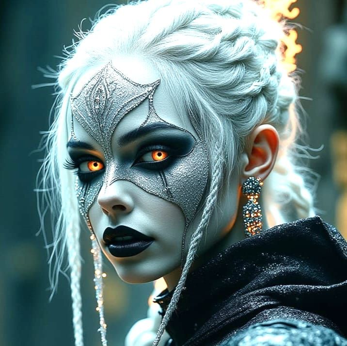 Bewitching White-Haired Woman in Mask at Night