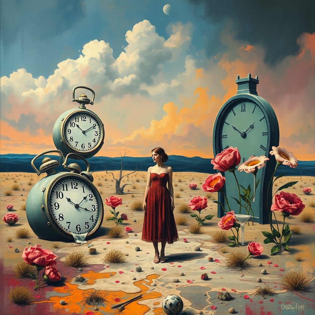 Surreal Landscape with Woman, Clocks, and Mirrors