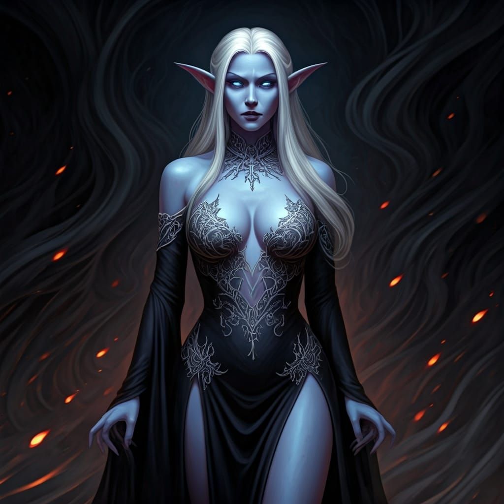 Gothic Shadar-Kai Elf in Black Gown with Silver Hair