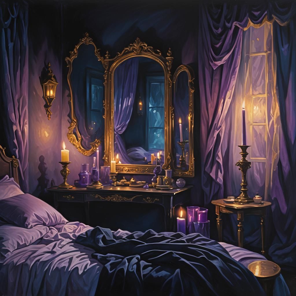 Eerie Fantasy Bedroom Illuminated by Moonlight