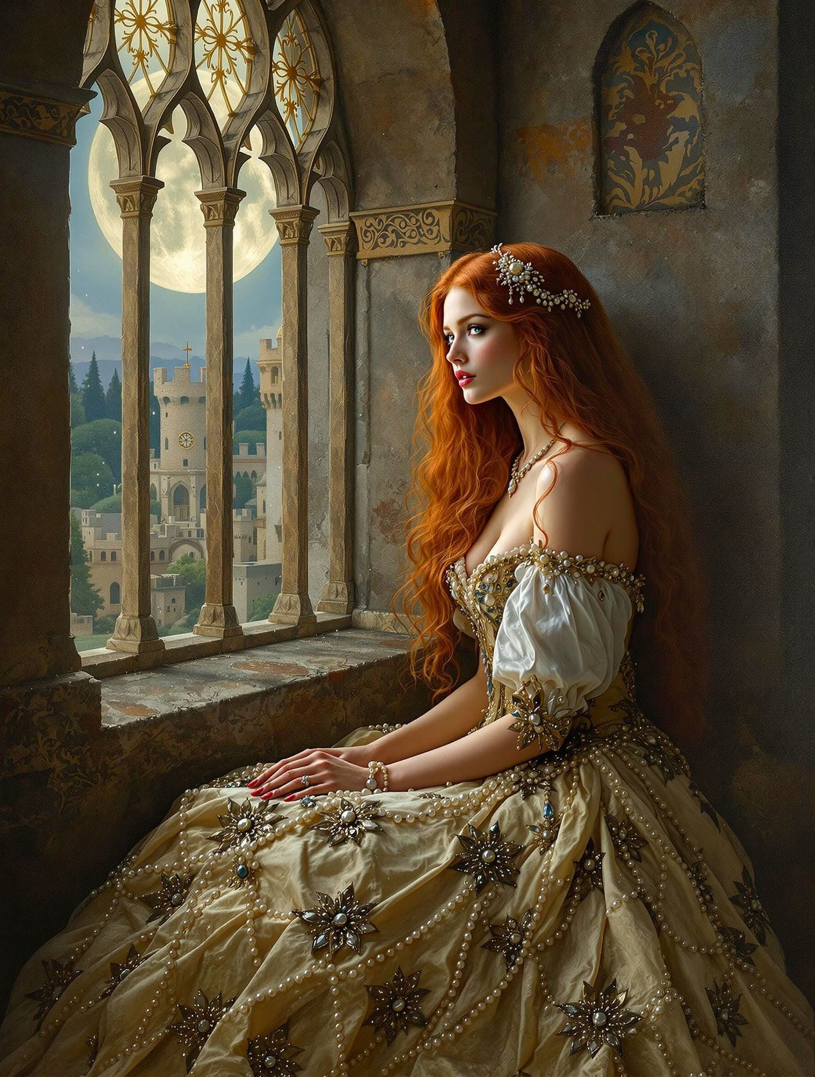 Ethereal Pre Raphaelite Beauty Basks in Moonlit Castle Glow