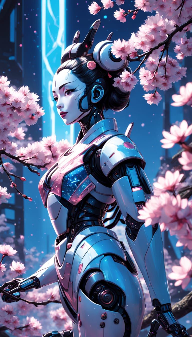 Geisha Robot Paints Cherry Blossoms in Vaporwave Style