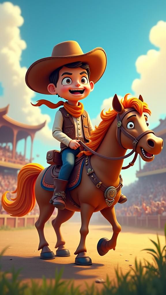 Cartoon Cowboy on Horse in Fantasy Rodeo Arena