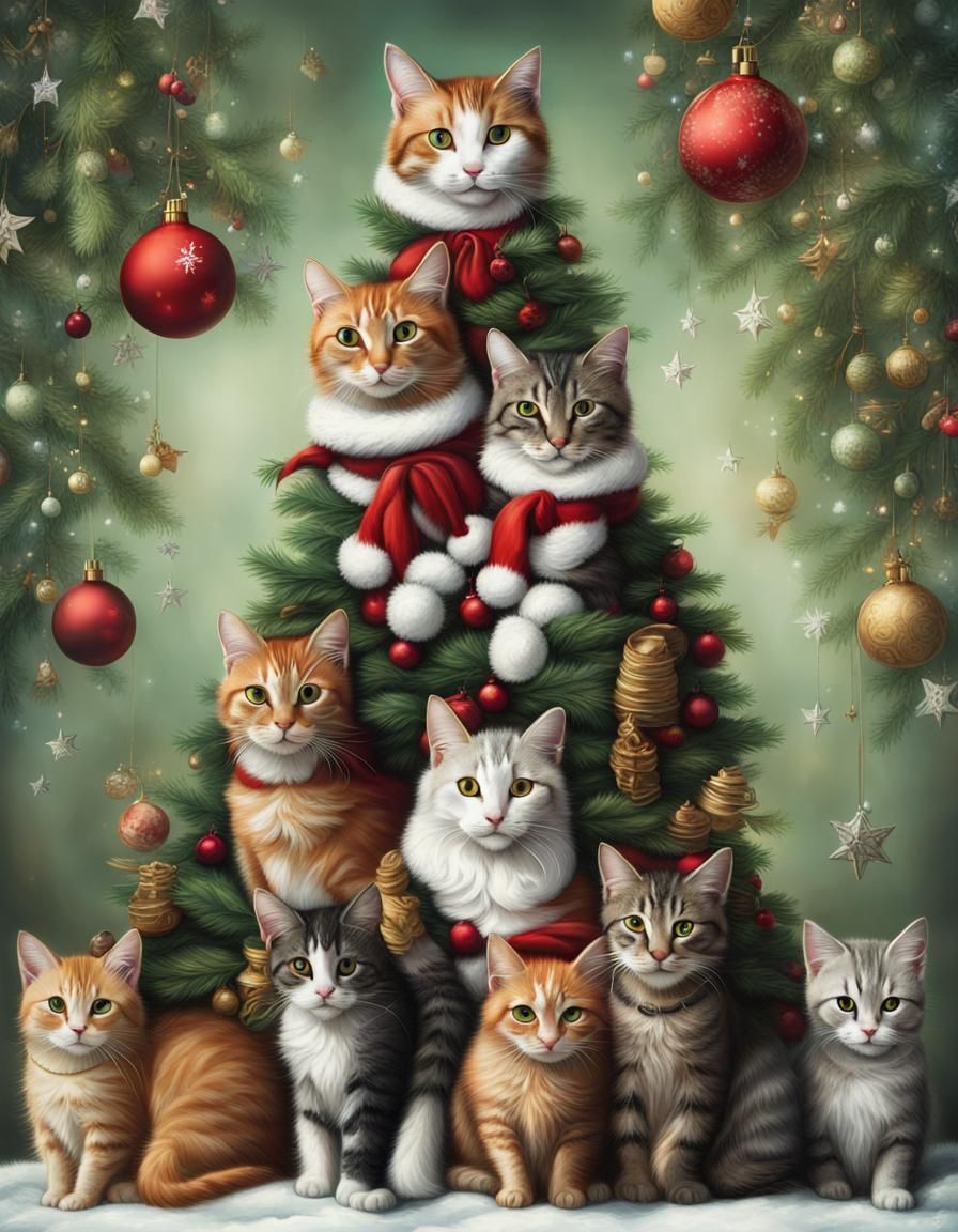 Cats Stacked as Christmas Tree: Detailed Cinematic Image