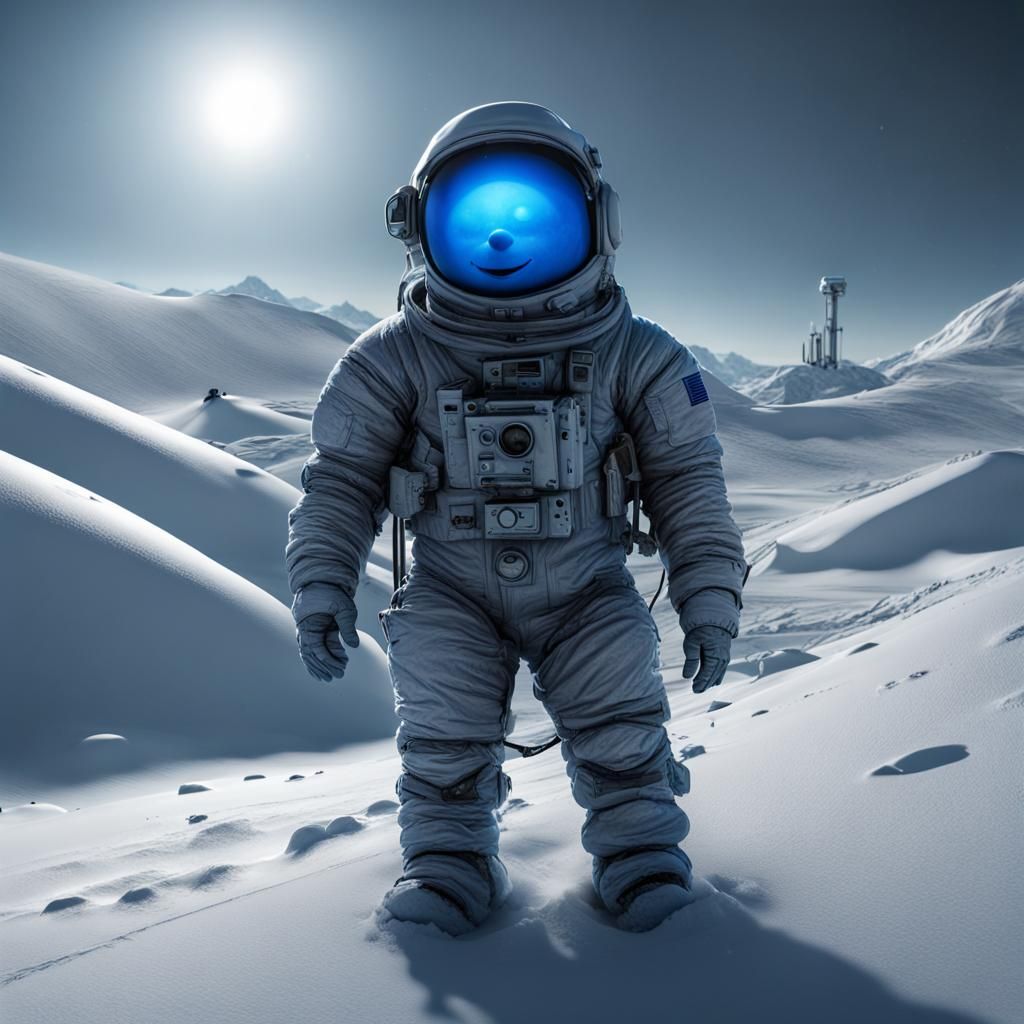 Luminescent Blue Snowman Astronaut on Alien Planet