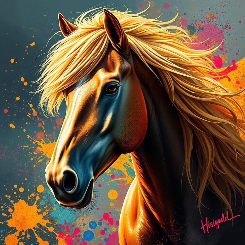 Majestic Horse with Golden Mane in Splash Art Style