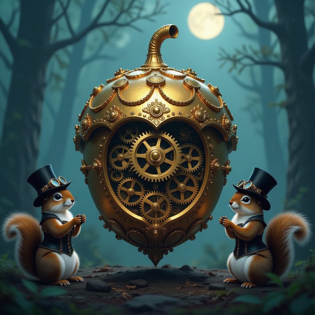 Steampunk Squirrels Discover Ornate Golden Acorn
