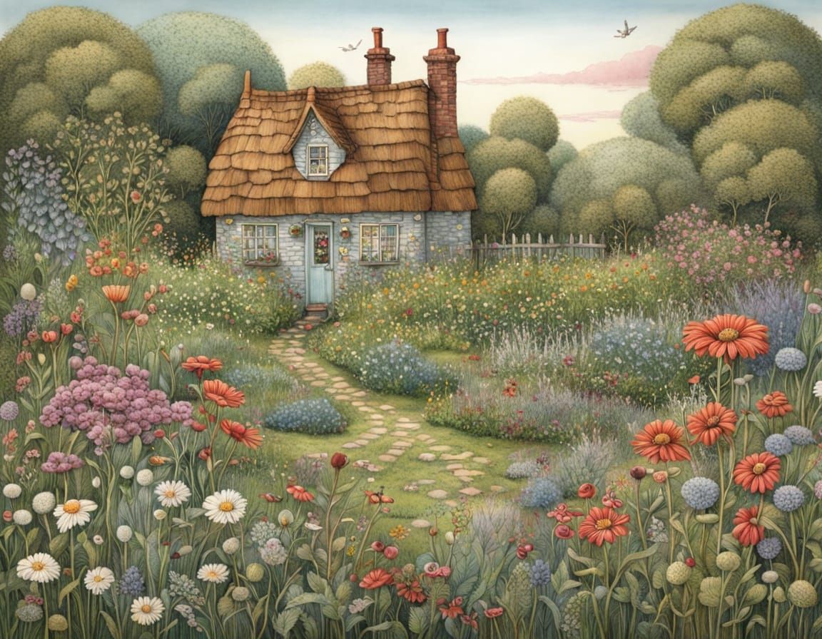 Delicate Garden Scene with Wildflowers and Cozy Cottage