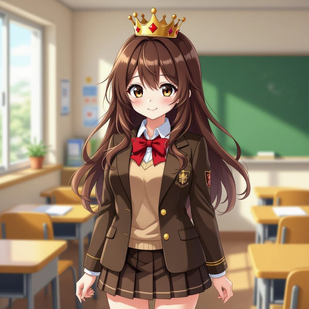 Anime School Girl with Crown in Brown Uniform
