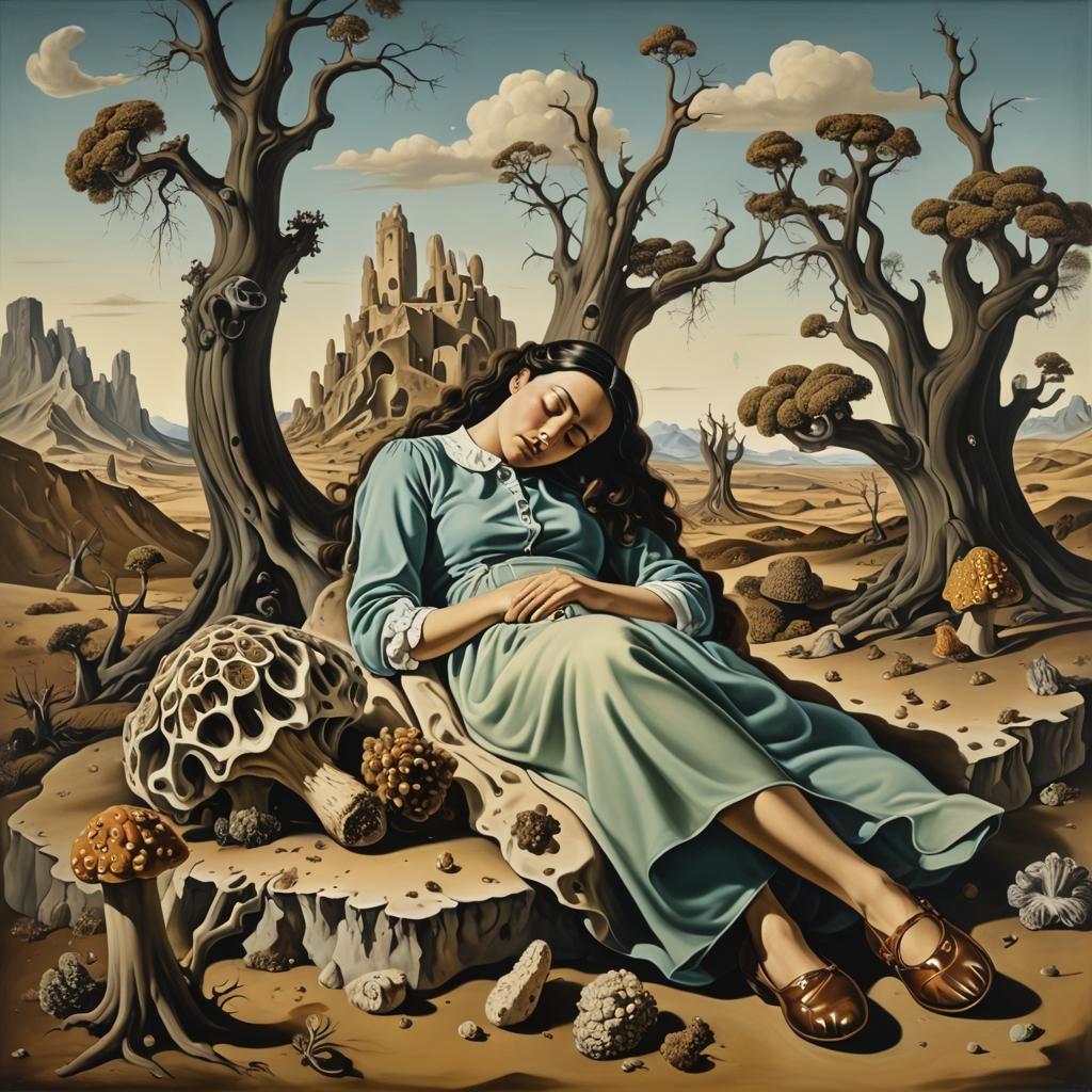 One girl sleeping in a Salvador Dalí surrealist landscape wi...