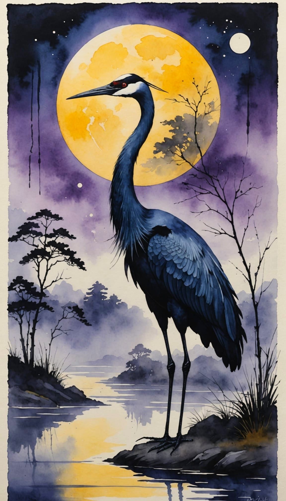 Crane Silhouette Under Full Moon in Purple Sky