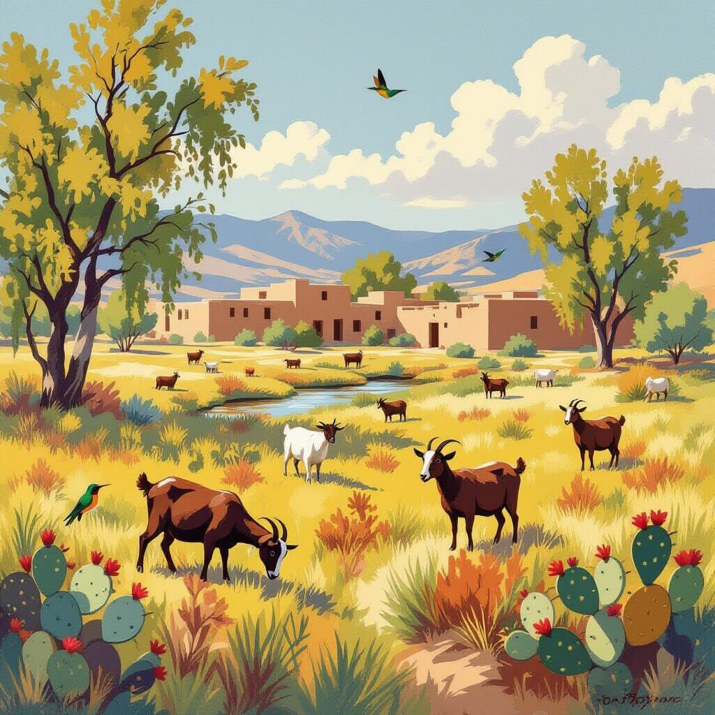 Goats in New Mexico Field, Folk Art Style