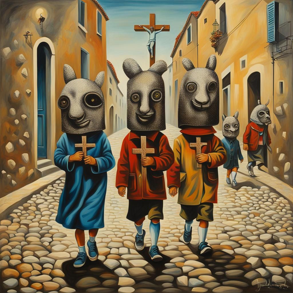 Children in Masks on Cobblestone Street: Surrealist Oil Pain...
