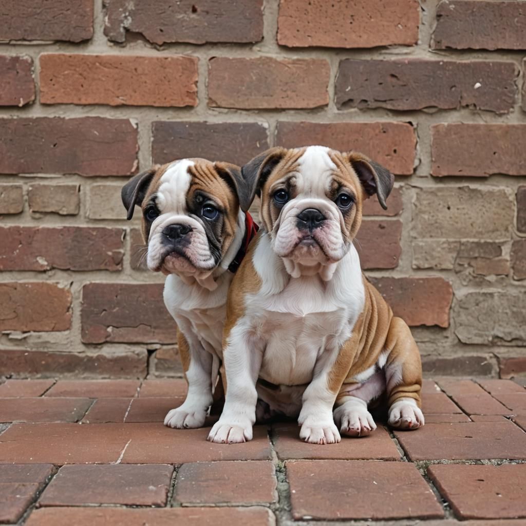 Bulldog Puppy Portrait on Brick Floor