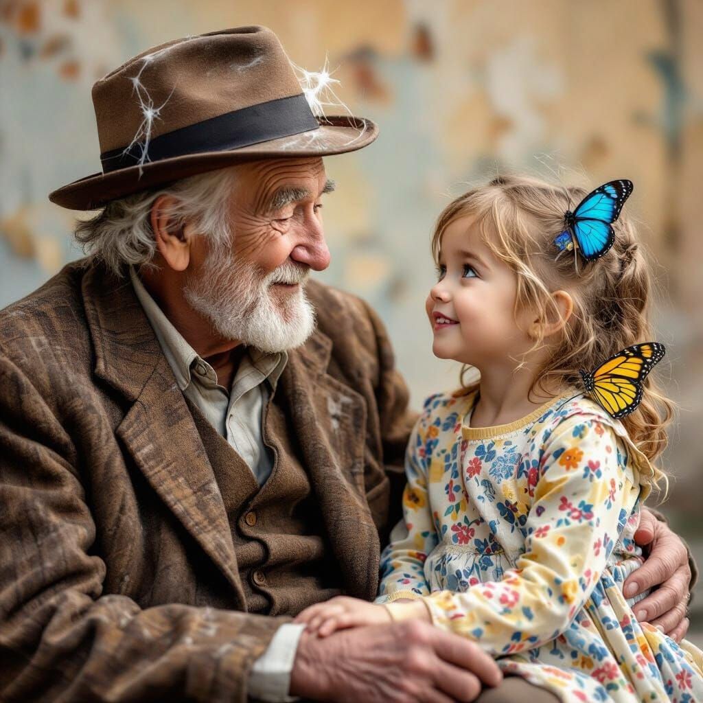 Elderly Man and Child Embrace in Passage of Life Oil Paintin...