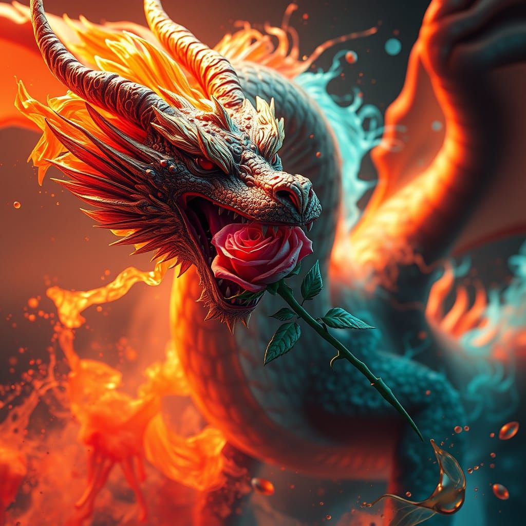 Dragon Holds Triadic Rose in Volumetric Lighting
